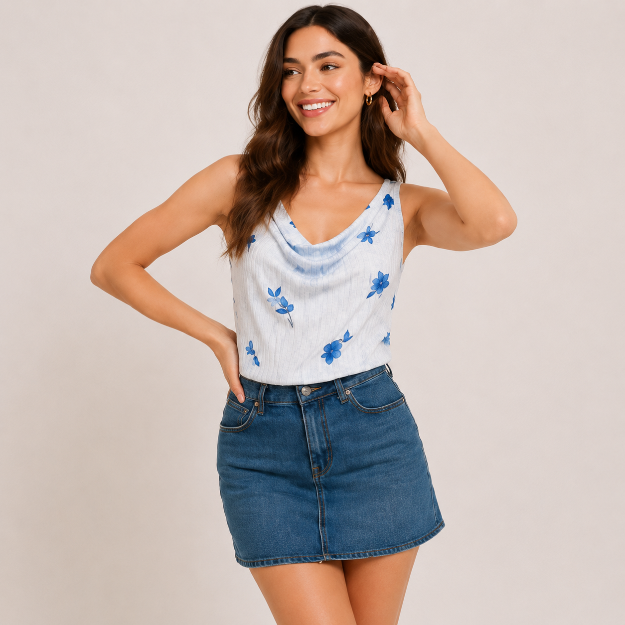 Women's White Floral Cowl Neck Sleeveless Polyester Casual Top
