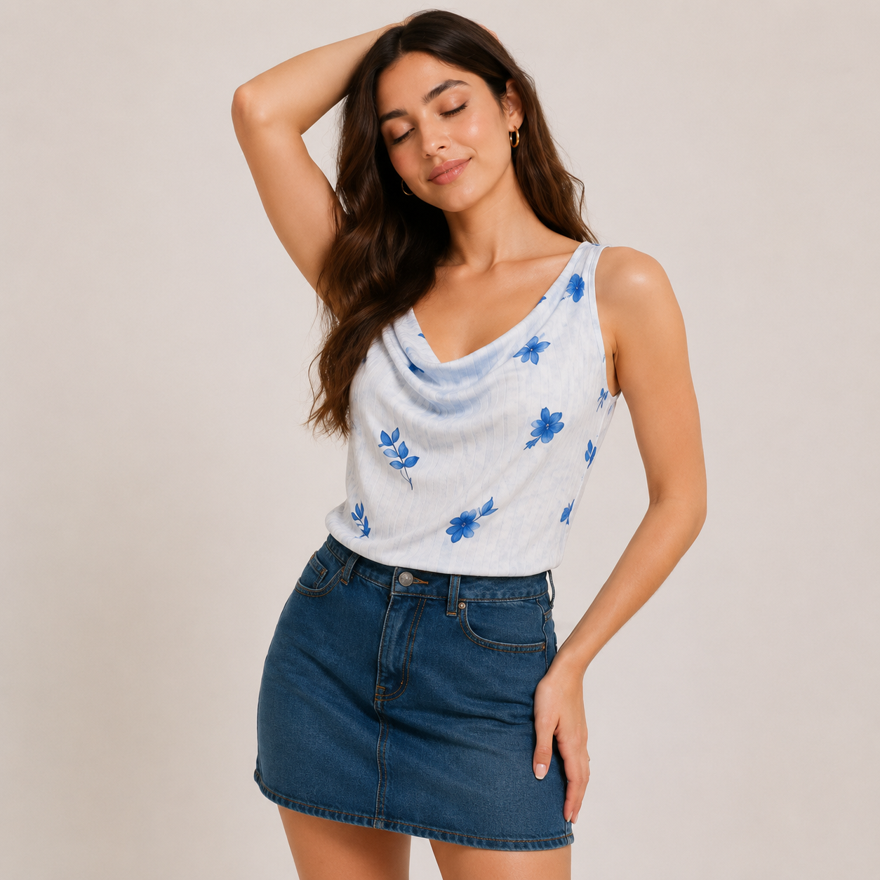 Women's White Floral Cowl Neck Sleeveless Polyester Casual Top