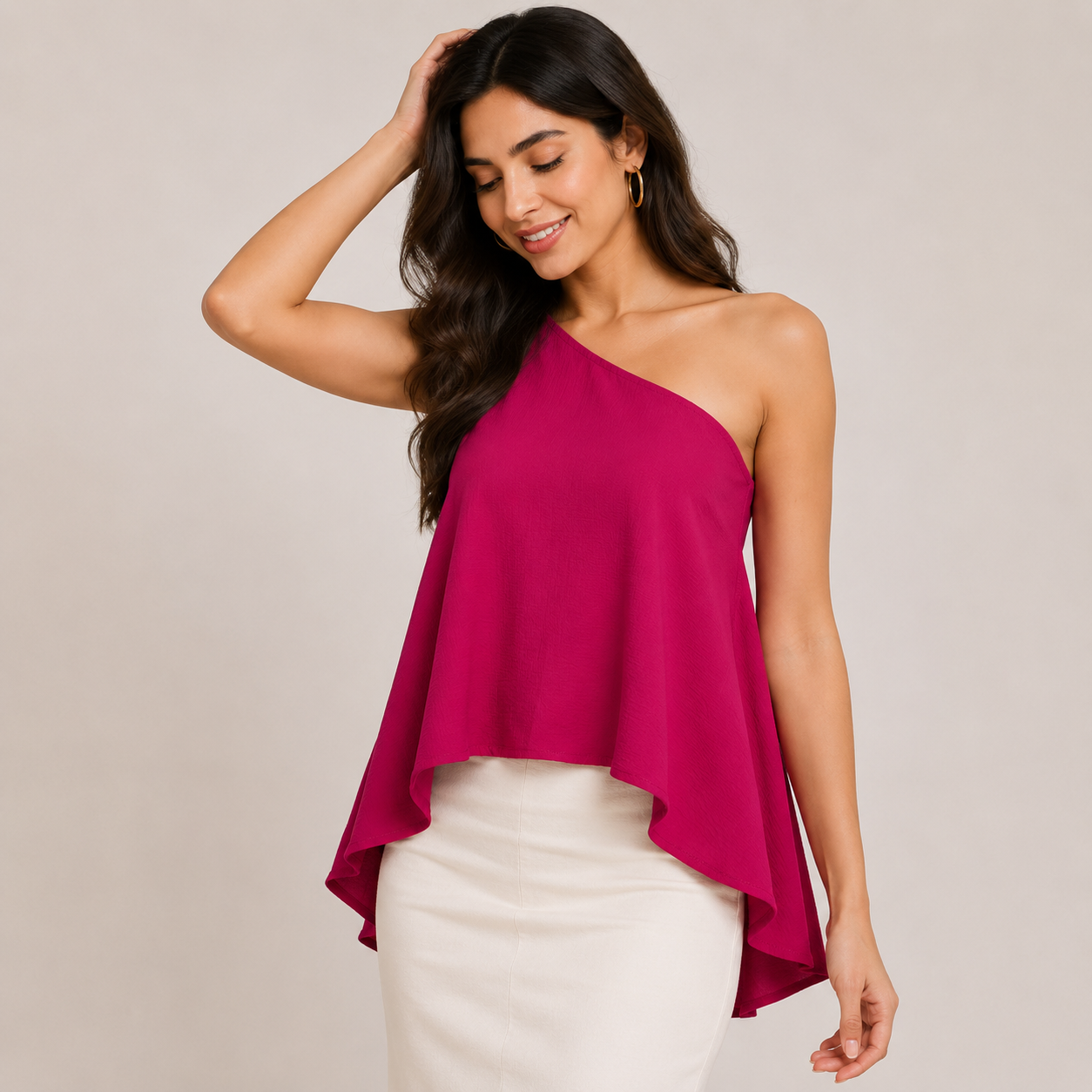 Women's Magenta One Shoulder Asymmetrical Sleeveless Polyester Top