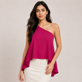 Women's Magenta One Shoulder Asymmetrical Sleeveless Polyester Top