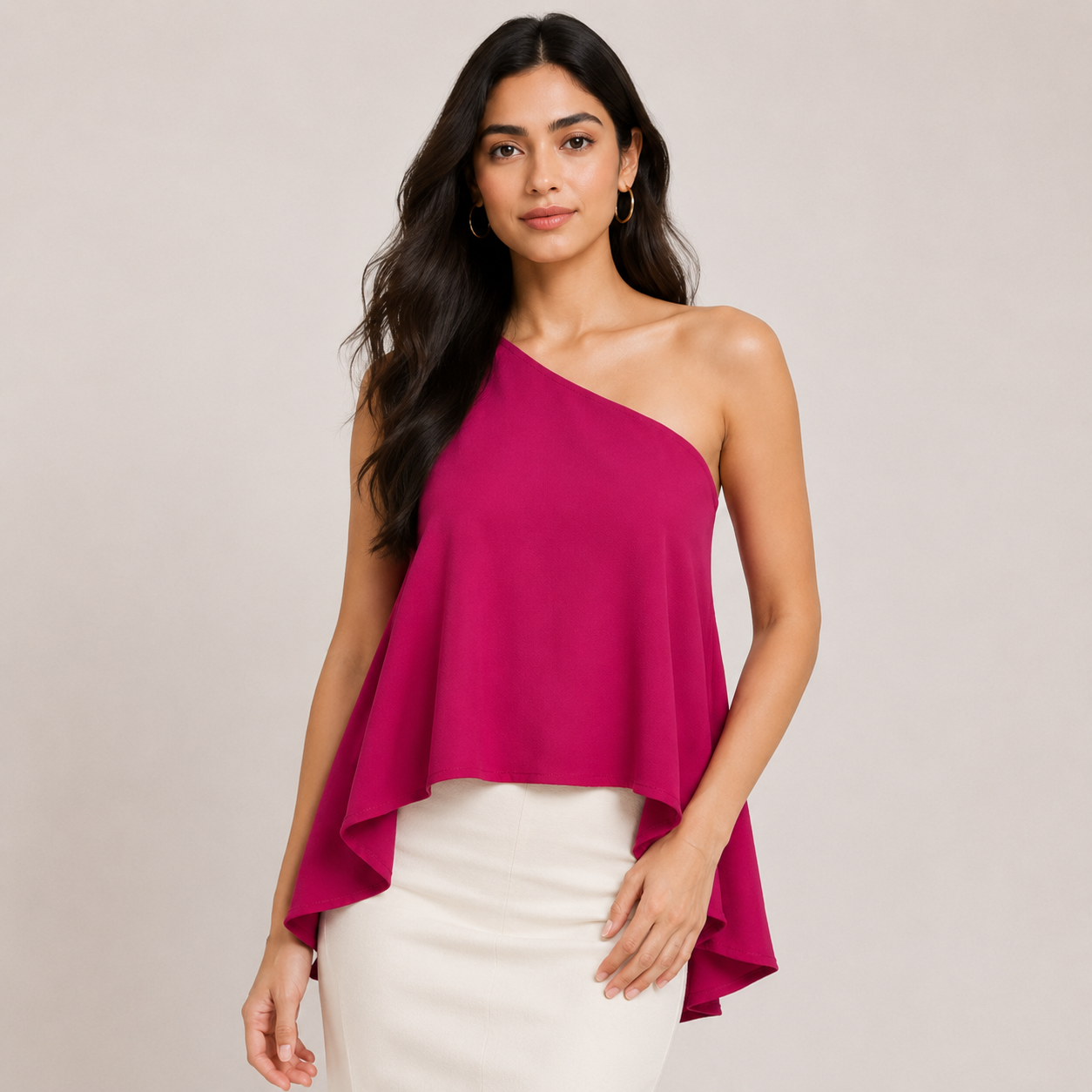 Women's Magenta One Shoulder Asymmetrical Sleeveless Polyester Top
