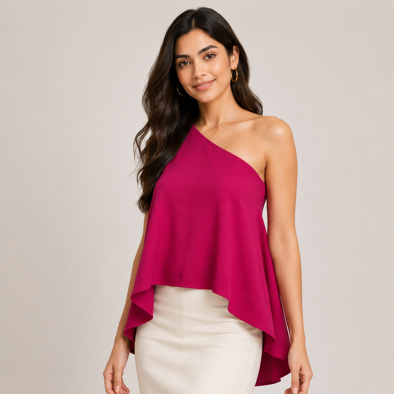 Women's Magenta One Shoulder Asymmetrical Sleeveless Polyester Top