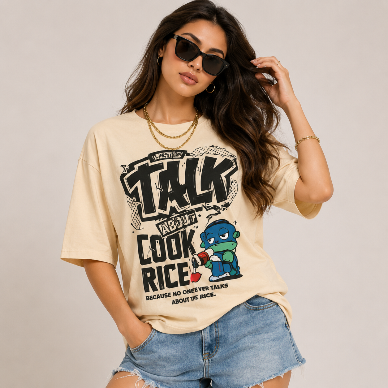 Women's Beige Oversized Graphic Typography Cotton Blend Crew Neck T-Shirt