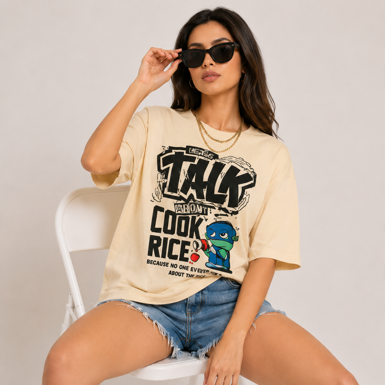 Women's Beige Oversized Graphic Typography Cotton Blend Crew Neck T-Shirt