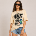 Women's Beige Oversized Graphic Typography Cotton Blend Crew Neck T-Shirt