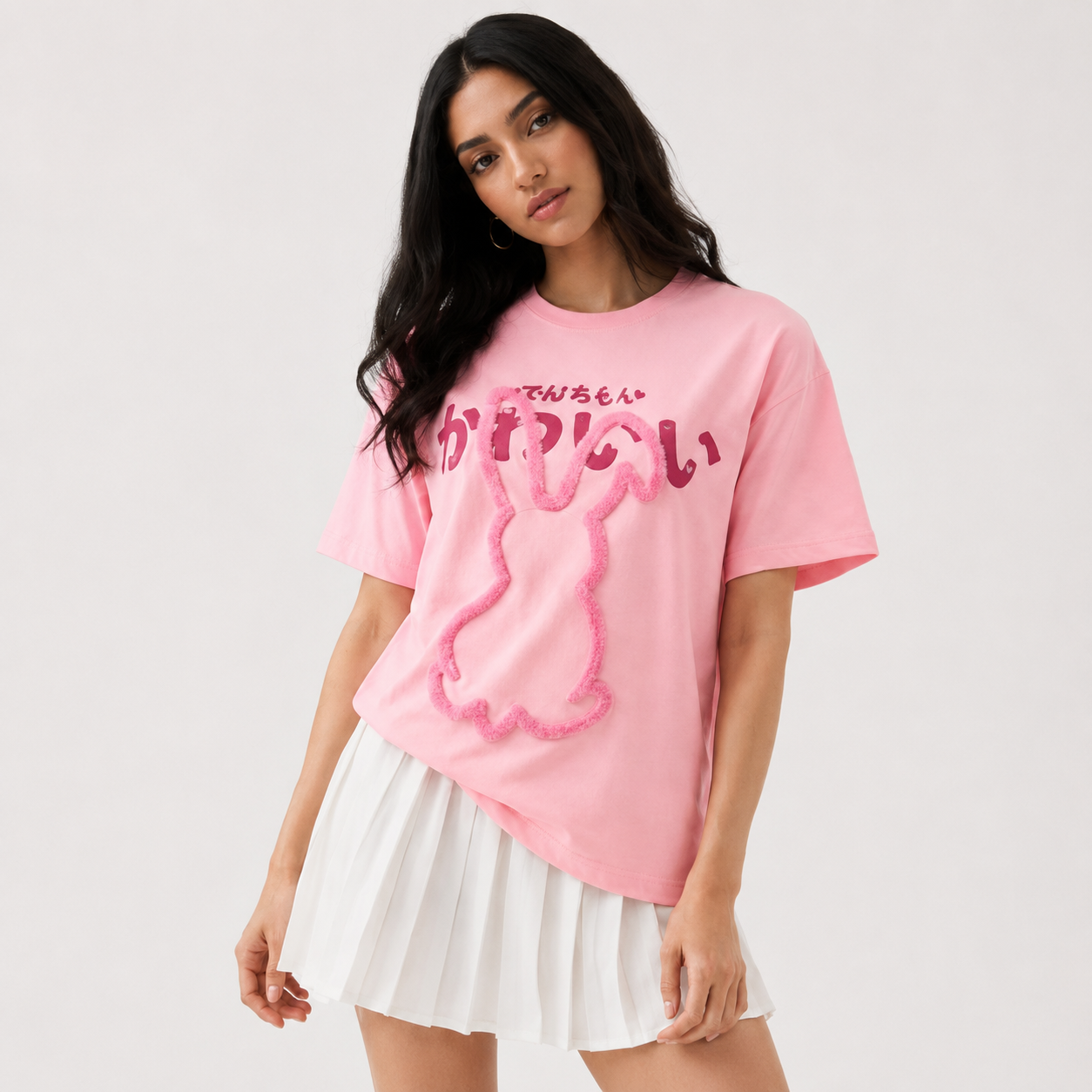 Women's Pink Oversized Embroidered Pure Cotton Round Neck T-Shirt