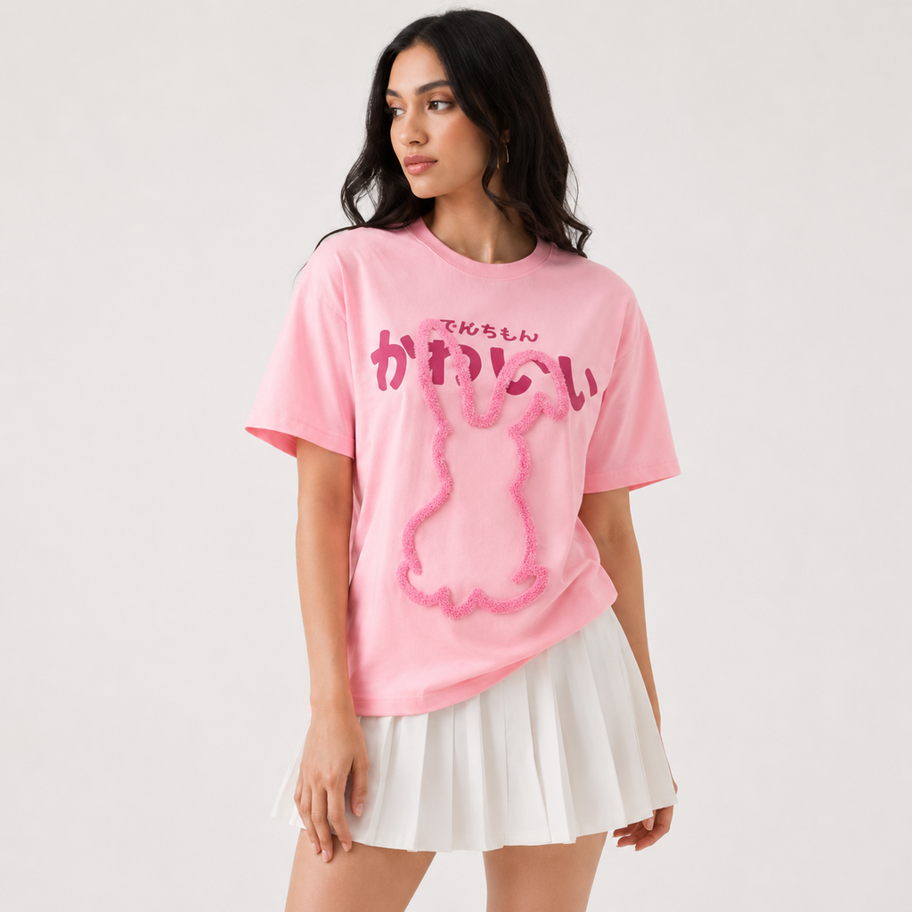 Women's Pink Oversized Embroidered Pure Cotton Round Neck T-Shirt