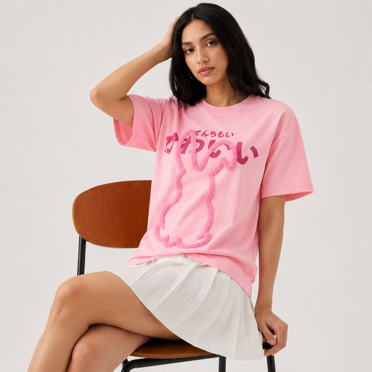 Women's Pink Oversized Embroidered Pure Cotton Round Neck T-Shirt