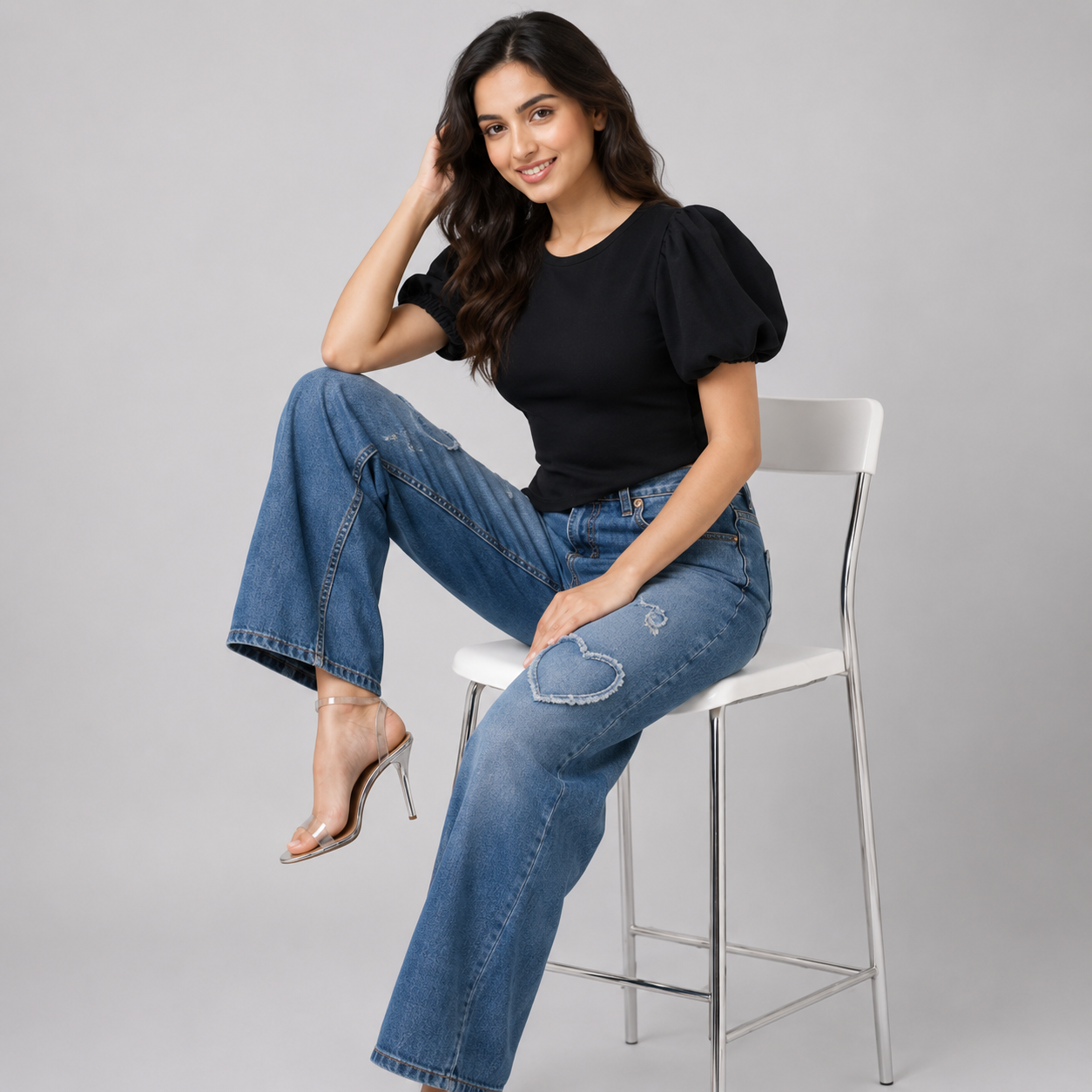 Women's Blue High-Rise Wide Leg Embroidered Cotton Jeans