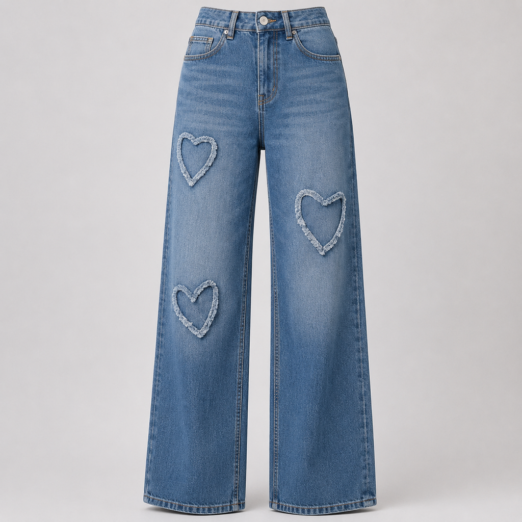 Women's Blue High-Rise Wide Leg Embroidered Cotton Jeans