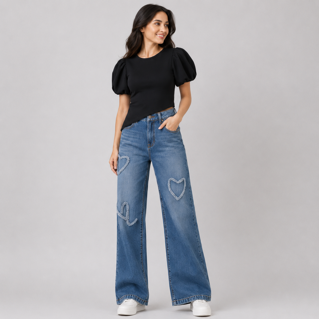 Women's Blue High-Rise Wide Leg Embroidered Cotton Jeans