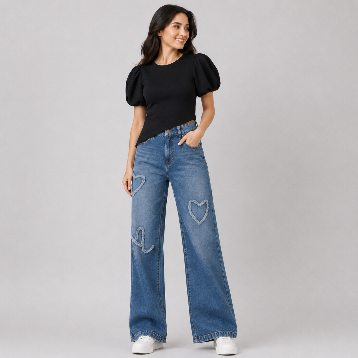 Women's Blue High-Rise Wide Leg Embroidered Cotton Jeans