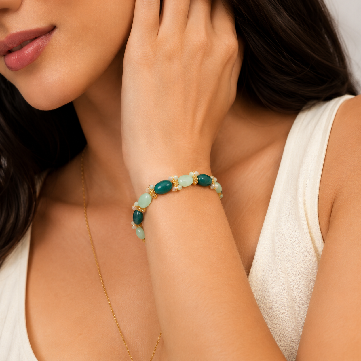 Elegant Green Beaded Gold Plated Bracelet for Women