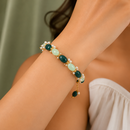 Elegant Green Beaded Gold Plated Bracelet for Women